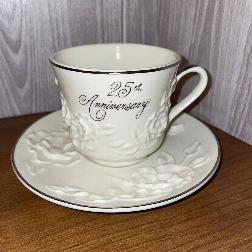Hallmark 25th Anniversary Cup And Saucer Set White Raised Roses Ganz #ED2315
